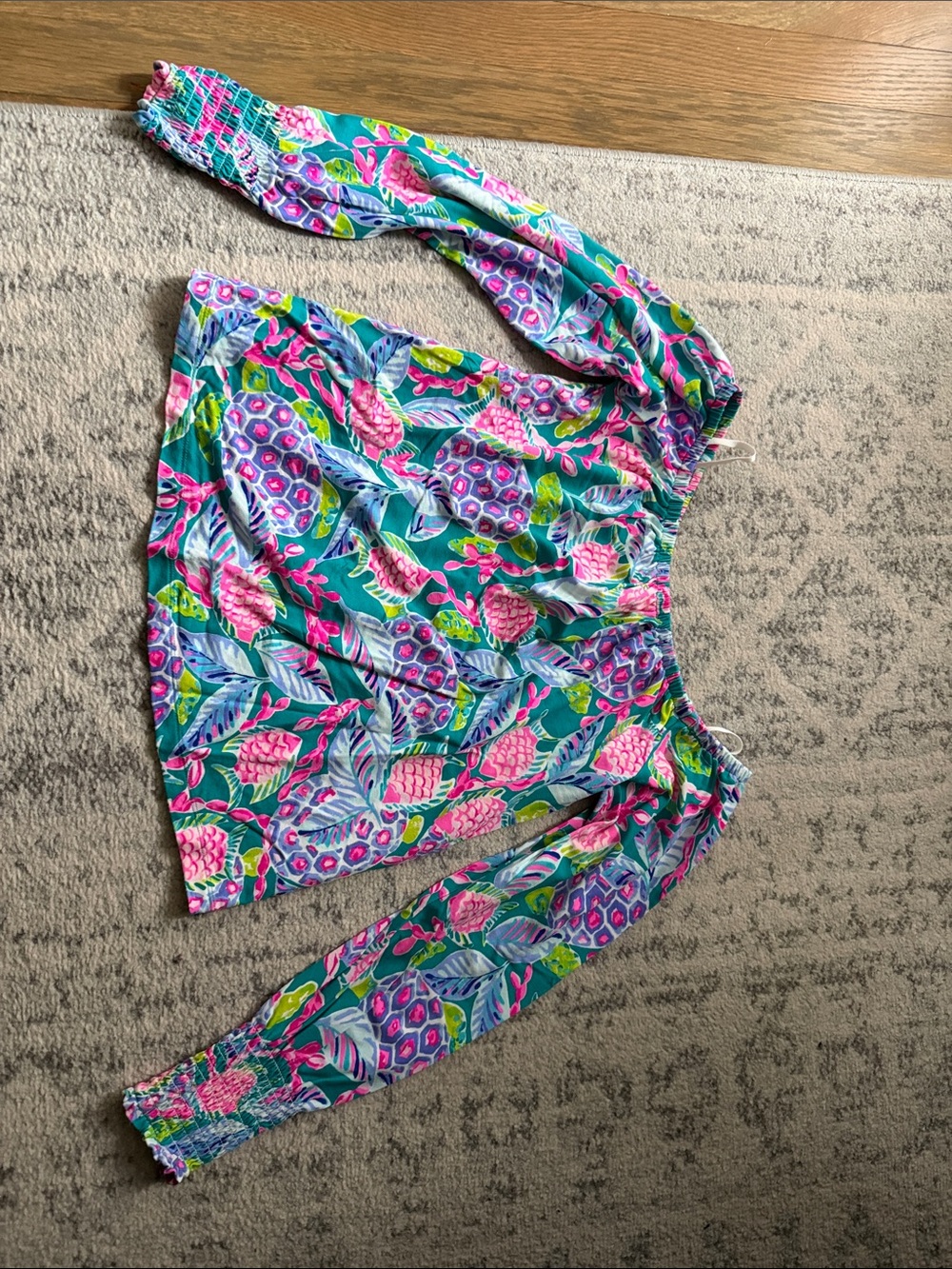 Off-Shoulder Tropical Print Blouse in Teal & Pink Lily Pulitzer
